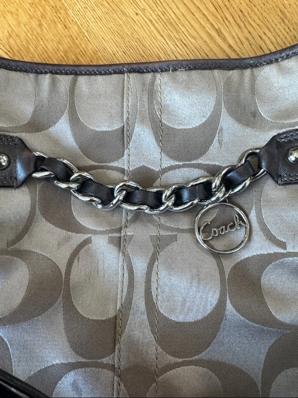Coach Signature Crossbody Sateen w/Brown Leather Trim & Gold Chain Accent *READ*